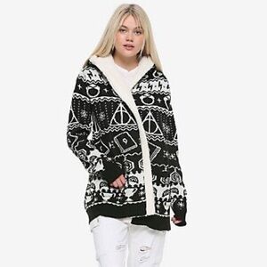 Harry Potter Horcrux Fair Isle Sherpa Open Front Hooded Cardigan Size XL